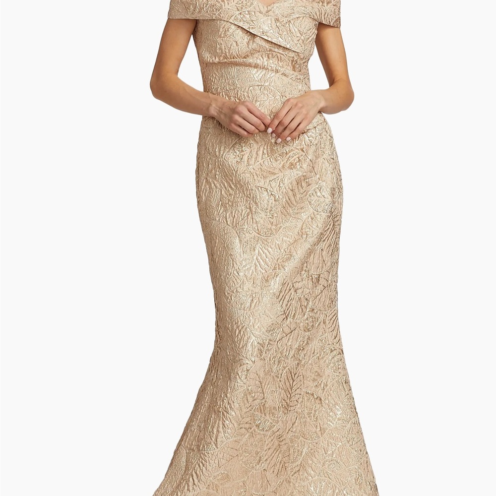 Rickie Freeman for Teri Jon Gold Embellished Off-Shoulder Gown